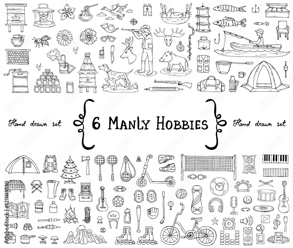 Vector set with hand drawn isolated doodles on the  theme of 6 manly hobbies. Symbols of beekeeping, hunting, fishing, sports, tourism, music. Sketches for use in design