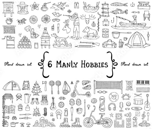 Vector set with hand drawn isolated doodles on the theme of 6 manly hobbies. Symbols of beekeeping, hunting, fishing, sports, tourism, music. Sketches for use in design