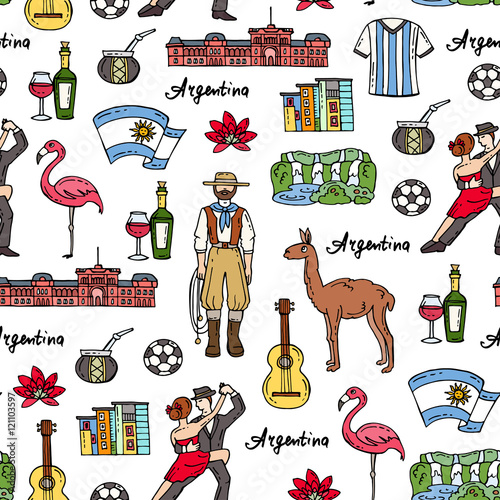 Vector seamless pattern with hand drawn colored symbols of Argentina