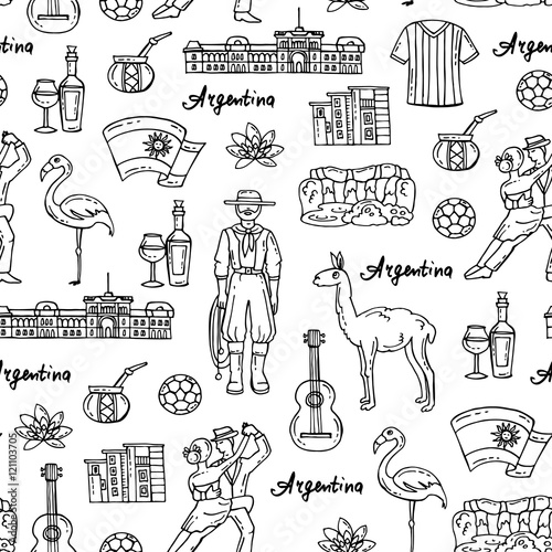 Vector seamless pattern with hand drawn isolated symbols of Argentina on white color