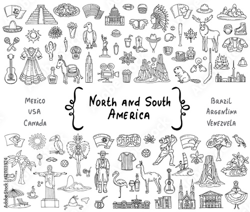 Vector set with hand drawn isolated doodles on the  theme of North and South America
