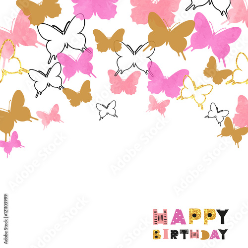 Happy Birthday card design with watercolor pink and glittering golden butterflies. Vector celebration background. 