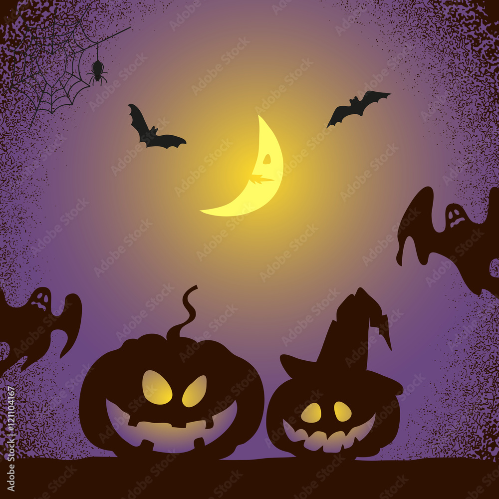 Halloween night background in purple and black colors. Vector illustration of creepy pumpkins, bats and ghosts. 
