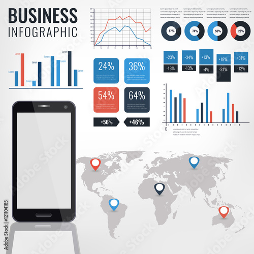 Detail infographic vector illustration. World Map and Information Graphics with touchscreen mobile phone.