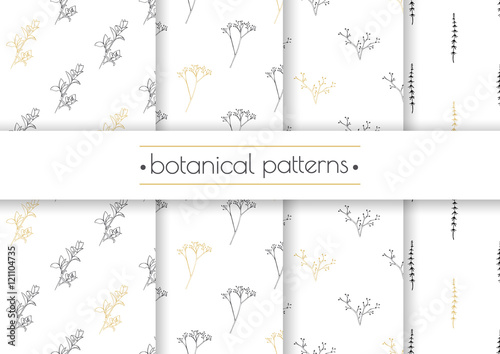 Set of vector seamless patterns with hand drawn herbs. Fabric or textile design. Template for invitations