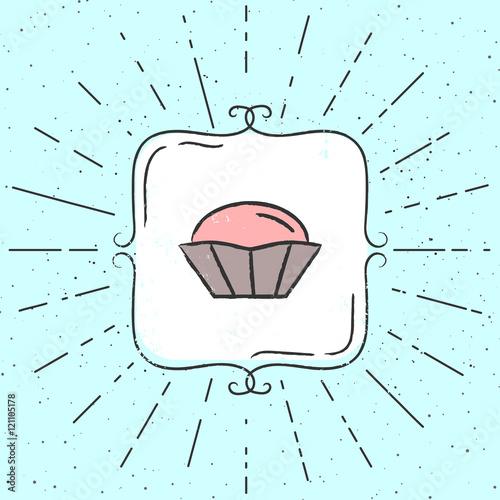 Vector Illustration of cupcake. Hand drawn hipster poster with sunbursts and vintage frame.