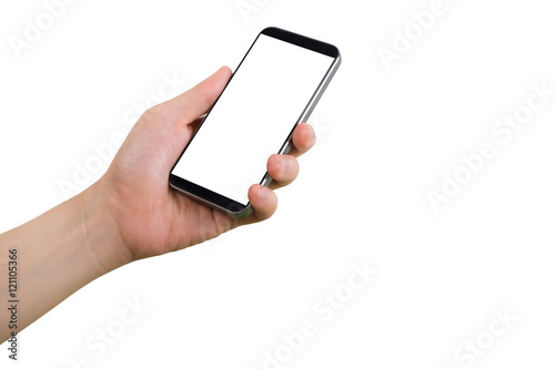 human left hand hold smart phone, tablet, cellphone with white blank screen.