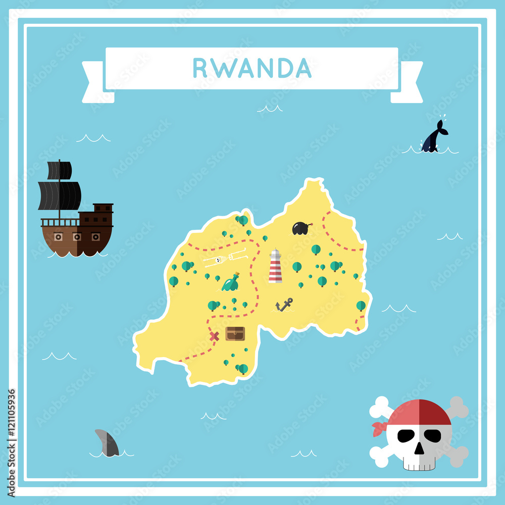 Flat treasure map of Rwanda. Colorful cartoon with icons of ship, jolly roger, treasure chest and banner ribbon. Flat design vector illustration.