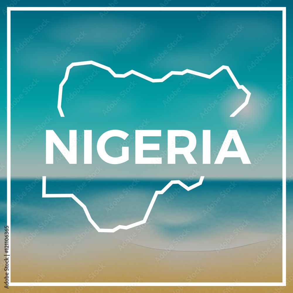 Nigeria map rough outline against the backdrop of beach and tropical sea with bright sun.