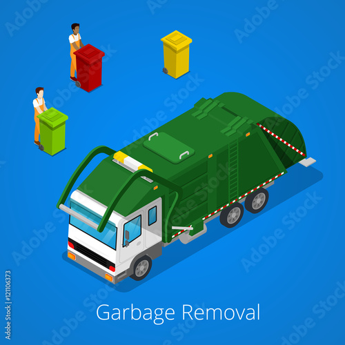 Garbage Removal with Isometric People and City Garbage Truck. Vector illustration
