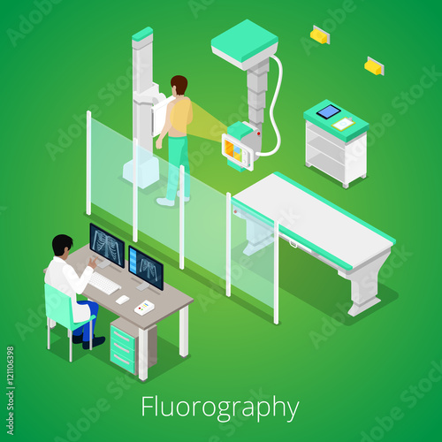 Isometric Radiology Fluorography Procedure with Medical Equipment and Patient. Vector illustration