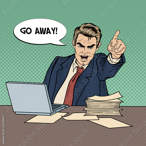 Angry Businessman Boss Screaming and Pointing Finger Out. Pop Art Vector illustration