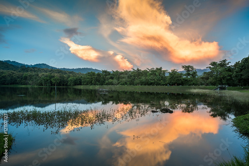 The Reservoir in twilight with reflection at Jedkod Pongkonsao Natural Study and Ecotourism Center, Saraburi, Thailand photo