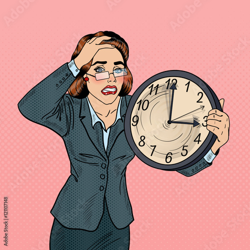 Stressed Pop Art Business Woman with Big Clock on Deadline Work. Vector illustration