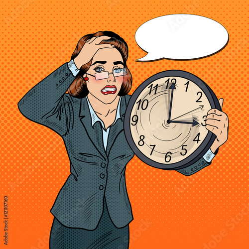 Stressed Pop Art Business Woman with Big Clock on Deadline Work. Vector illustration