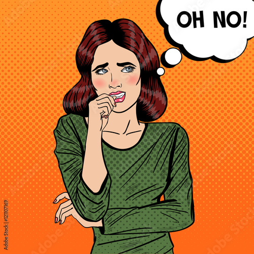 Nervous Pop Art Young Woman Biting her Nails. Vector illustration