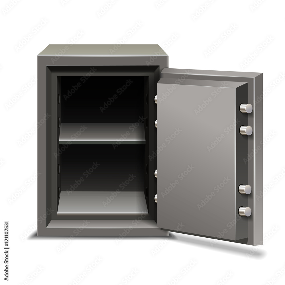 Security metal safe opened isolated on white background.
