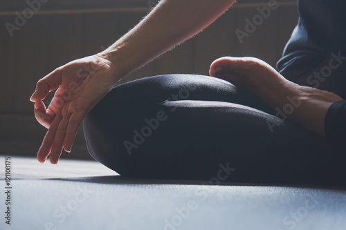 Woman practicing yoga in various poses photo