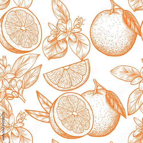 Oranges  and flowers. Vector seamless pattern