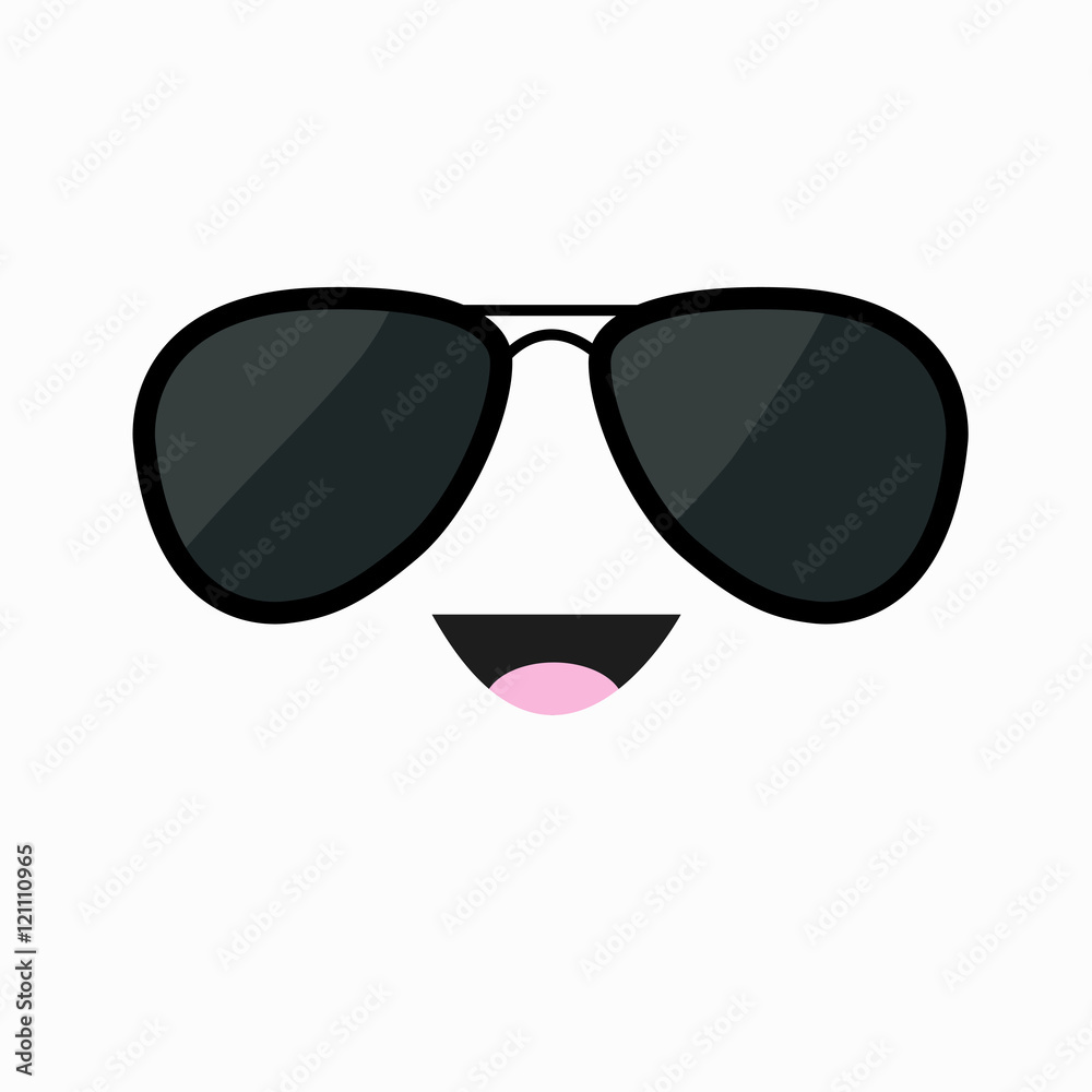 Fototapeta premium Face with black pilot sunglassess. Happy emotion. Cute cartoon funny smiling character. White background. Isolated. Flat design
