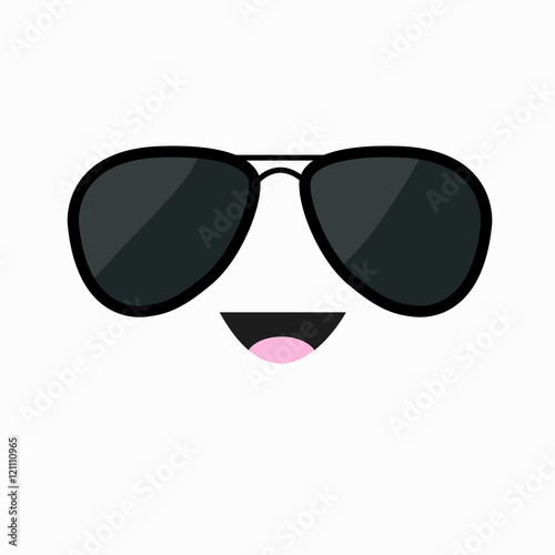 Face with black pilot sunglassess. Happy emotion. Cute cartoon funny smiling character. White background. Isolated. Flat design