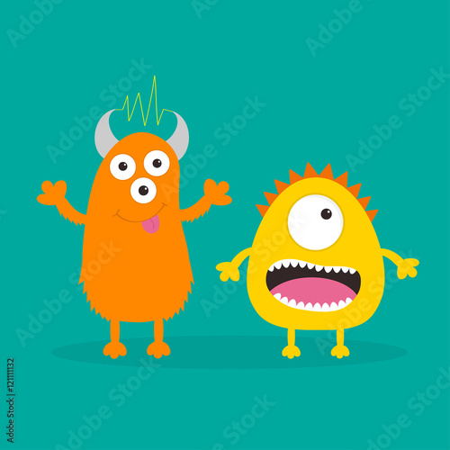 Yellow and orange monster with one eye, teeth, tongue. Funny Cute cartoon character. Baby collection. Happy Halloween card. Flat design. Green background.