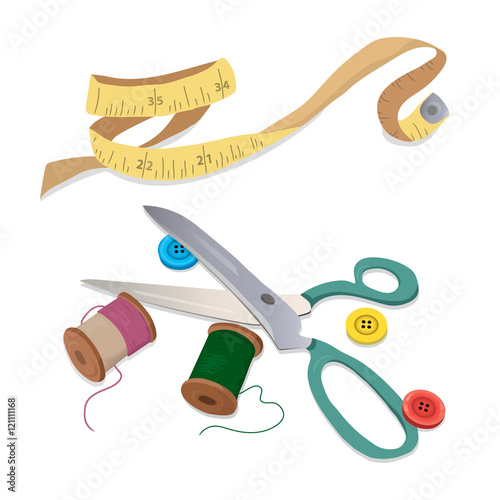 Sewing tools, thread and buttons.
