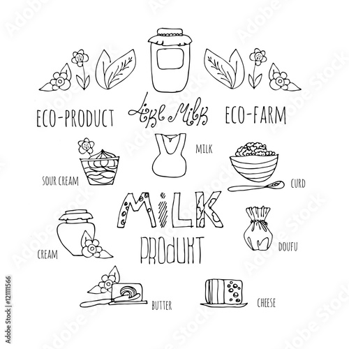 Milk products from eco farm. Vector set of drawings of liner. Image of dishes for milk and dairy products.Cartoon style