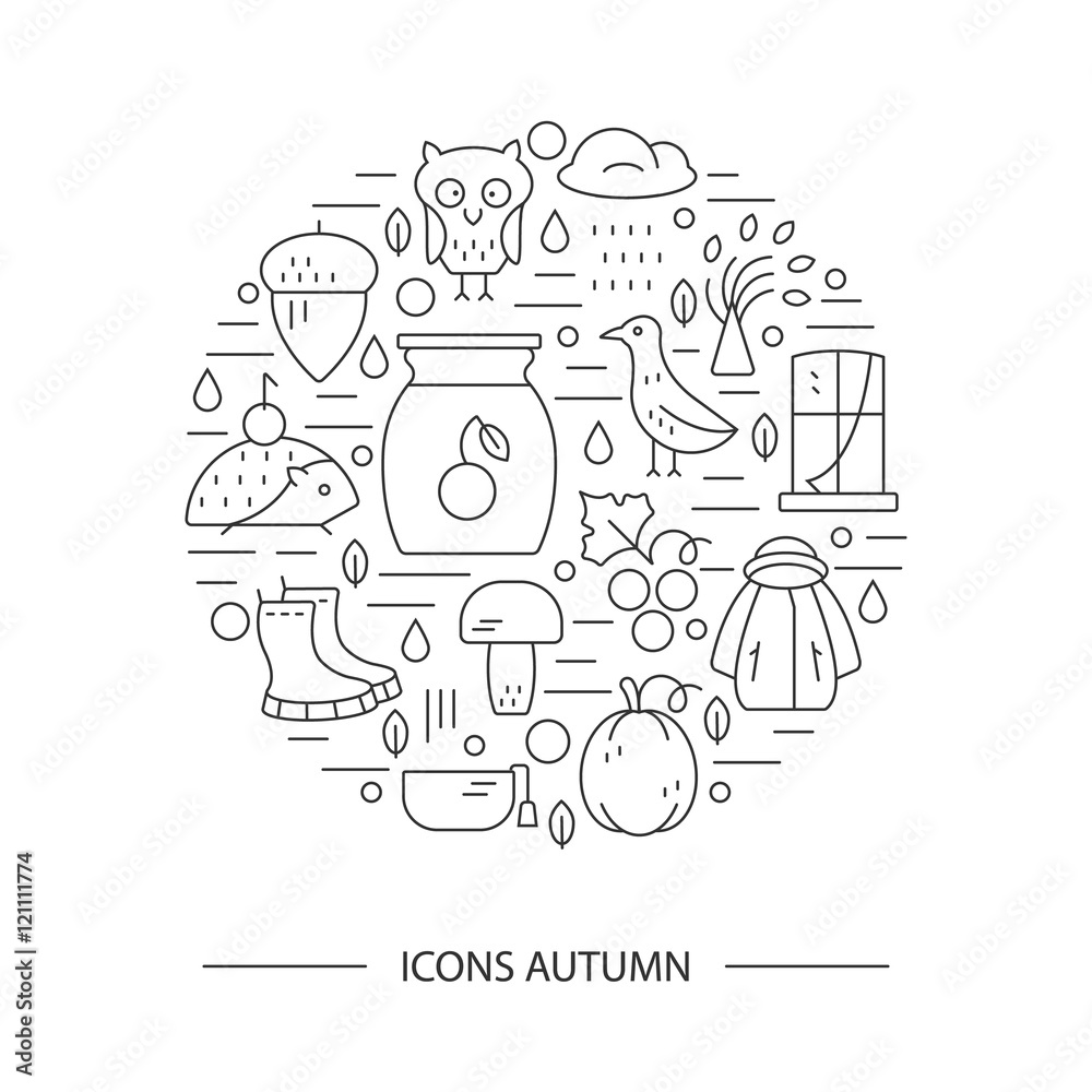 Autumn symbols in circle. Pumpkin, hedgehog, owl, jam in a linear style. Great graphic for nnouncement, advertisement, flyer or banner. Autumn symbols in circle. Pumpkin, hedgehog, owl, jam in a linear style. Great graphic for nnouncement, advertisement, flyer or banner.