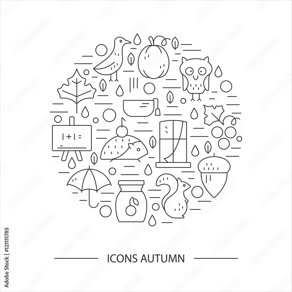 Autumn symbols in circle. Pumpkin, hedgehog, owl, jam in a linear style. Great graphic for nnouncement, advertisement, flyer or banner. Autumn symbols in circle. Pumpkin, hedgehog, owl, jam in a linear style. Great graphic for nnouncement, advertisement, flyer or banner.