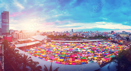 Panorama aerial view of Multi-colored tents in Rod-Fai market at