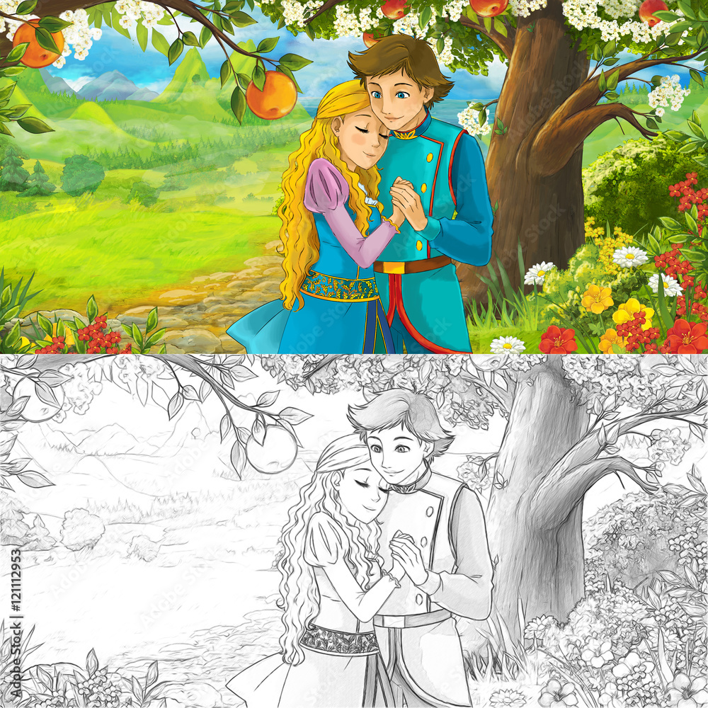 Cartoon scene with cute royal charming couple on the meadow - with coloring page -  illustration for children