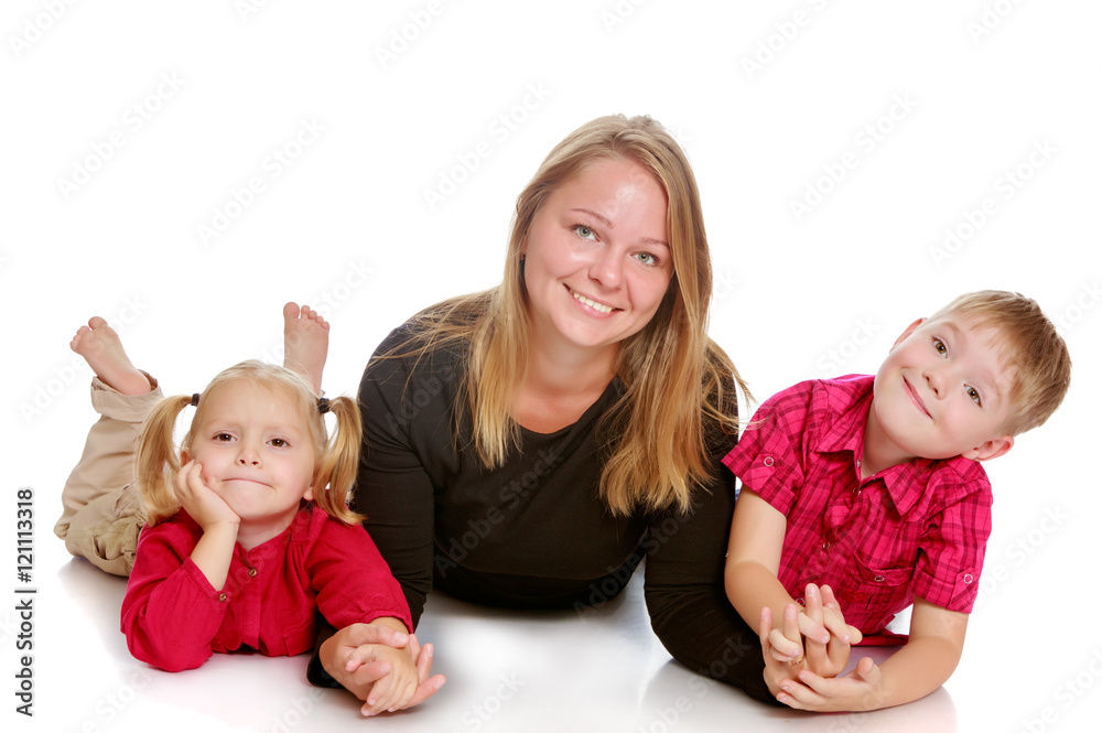 Happy mother with daughter and son Happy mother with daughter and son