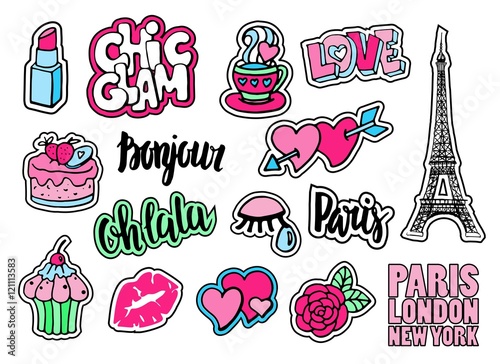 Cute fashion patch badges with lips, hearts, Eiffel tower,flower, cake, eye, lipstick. Paris romantic design. Set of doodle stickers, pins, in cartoon 80s-90s comic style. Sign hello in french.