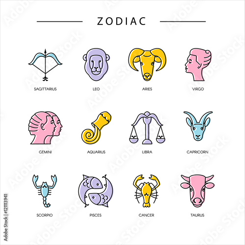 Thin line vector zodiacal symbols. Astrology, horoscope sign, graphic design elements, printing template. Zodiac Signs  isolated on background.