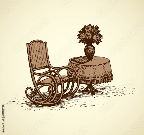 Vector drawing comfortable rocking chai near the round table