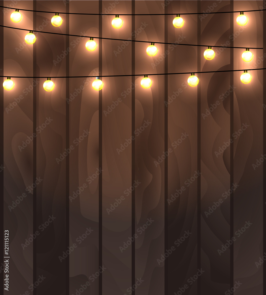 Vector illustration of wooden planks background with lighting garland festive decoration, with strings of round lamps. 