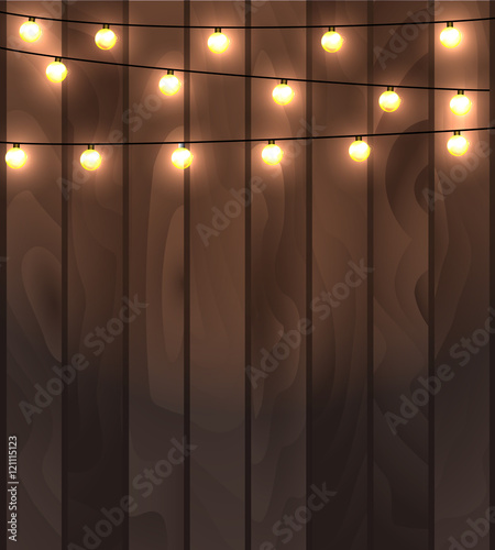 Vector illustration of wooden planks background with lighting garland festive decoration, with strings of round lamps. 