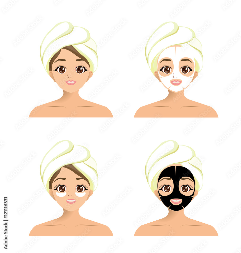 Vector set of girl using facial sheet mask and eye mask for treatment her face Vector set of girl using facial sheet mask and eye mask for treatment her face