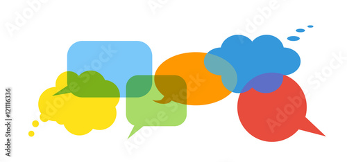Colorful speech bubbles set on white background. Talk and think bubbles. Blue, green, yellow, red and orange icons.
