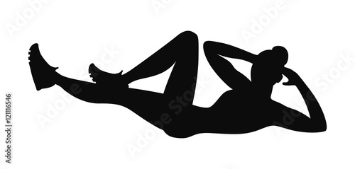 Isolated black silhouette of a woman doing crunches on white background. Reverse crunches exercise. Healthy lifestyle.