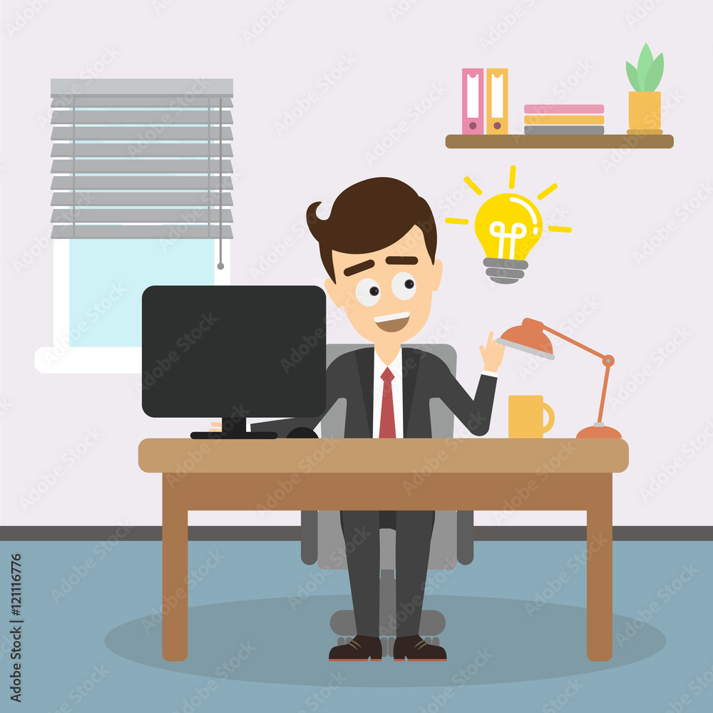Businessman with idea light bulb. Cartoon character sitting in the office. Smiling handsome man pointing on lightbulb. Concept of creativity and solution. Businessman with idea light bulb. Cartoon character sitting in the office. Smiling handsome man pointing on lightbulb. Concept of creativity and solution.