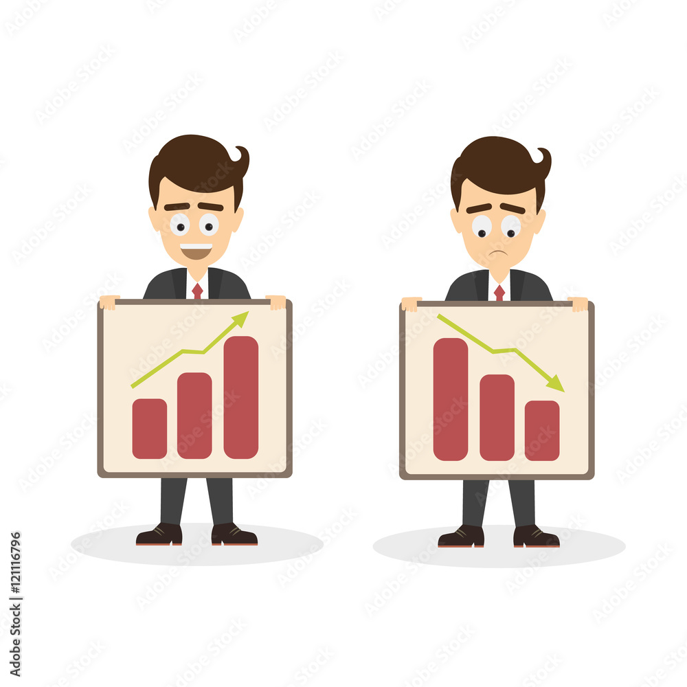 Businessman with statistics. Happy and sad businessman holding boards and comparing data. Businessman with statistics. Happy and sad businessman holding boards and comparing data.