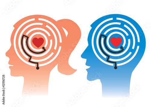 Love Your Self man and woman head.
Female and male stylized head silhouettes with maze and heart. Icon symbolizing solutions How to love yourself. Vector available.