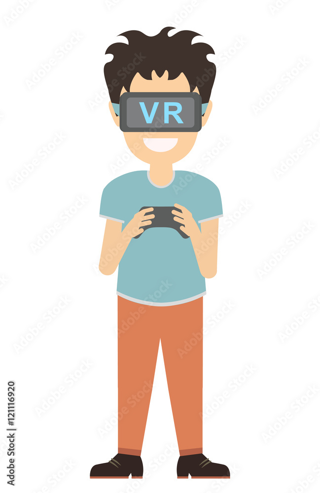 Isolated vr man. Young smiling man using vr glasses stands with gamepad. Augmented reality, new technologies. Video game.