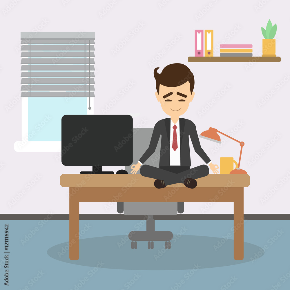 Meditation at work. Businessman sitting in lotus pose and meditating. Relaxation at workplace. Zen pose. Meditation at work. Businessman sitting in lotus pose and meditating. Relaxation at workplace. Zen pose.
