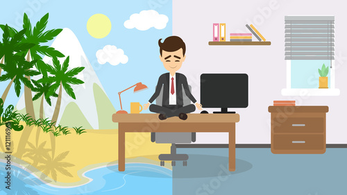 Meditation and relaxing. Businessman sitting in a lotus pose and meditate imagining sunny beach, palms and ocean. Concept of relaxation in office.