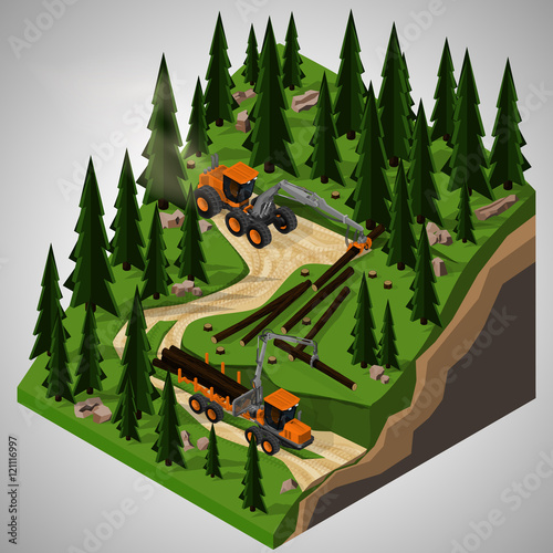 Vector isometric illustration of a rubber-tired forestry harvester and  forwarder at logging operations. Equipment for forestry industry.