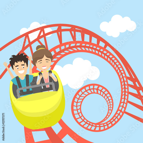 Rollercoaster in amusement park. Young smiling man and woman have fun on the roller coaster. Scary but funny entertainment.