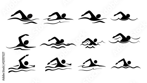 Isolated swim icon set. silhouette of man swimming in the waves. Concept of swimming pool, summer competition and more.